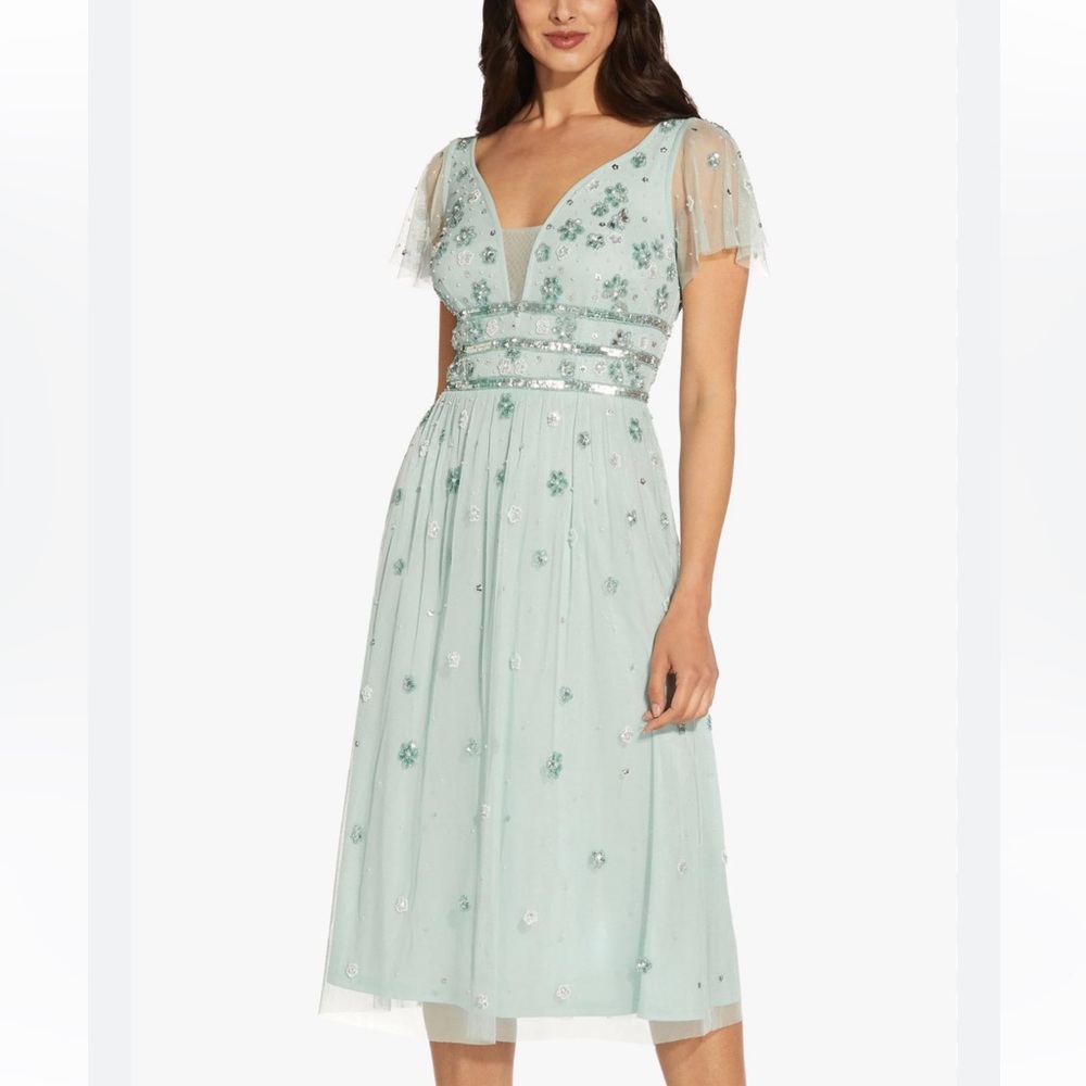 Adrianna Papell Womens Floral Embellished Cocktail and Party Dress